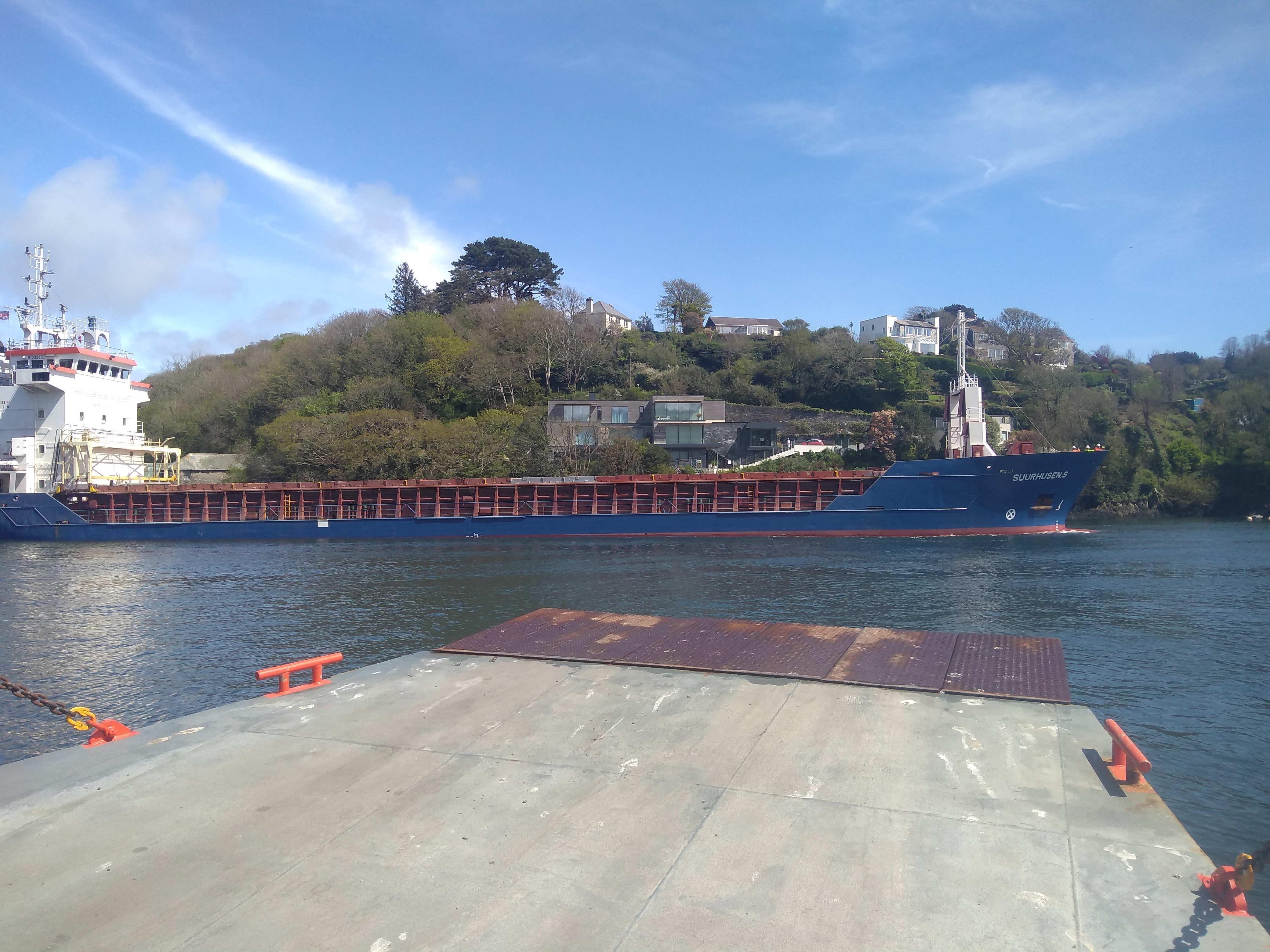 Big ship in front of the Fowey River ferry